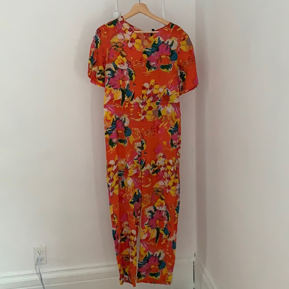 Topshop Boutique orange floral 100% silk jumpsuit